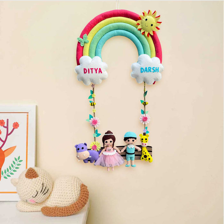 Personalized Rainbow Theme Felt Kids Name Plate For Siblings