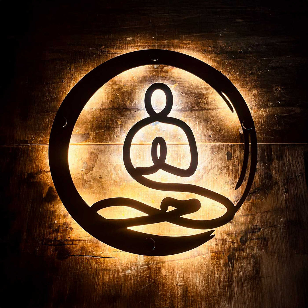 Handmade Black Buddha Design Metal Wall Art With LED Back Lighting