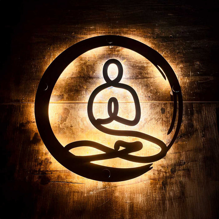 Handmade Black Buddha Design Metal Wall Art With LED Back Lighting