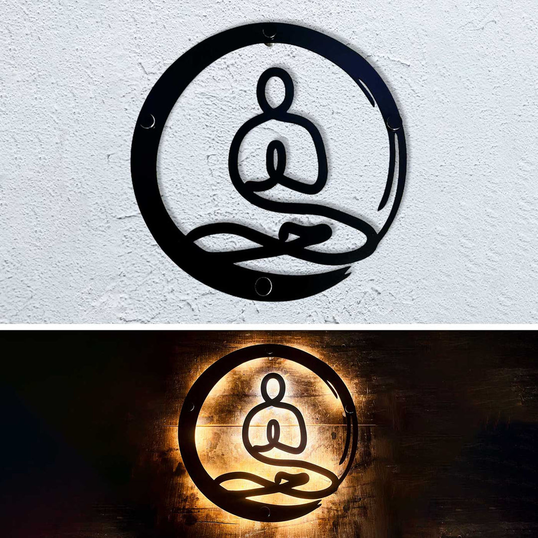 Handmade Black Buddha Design Metal Wall Art With LED Back Lighting