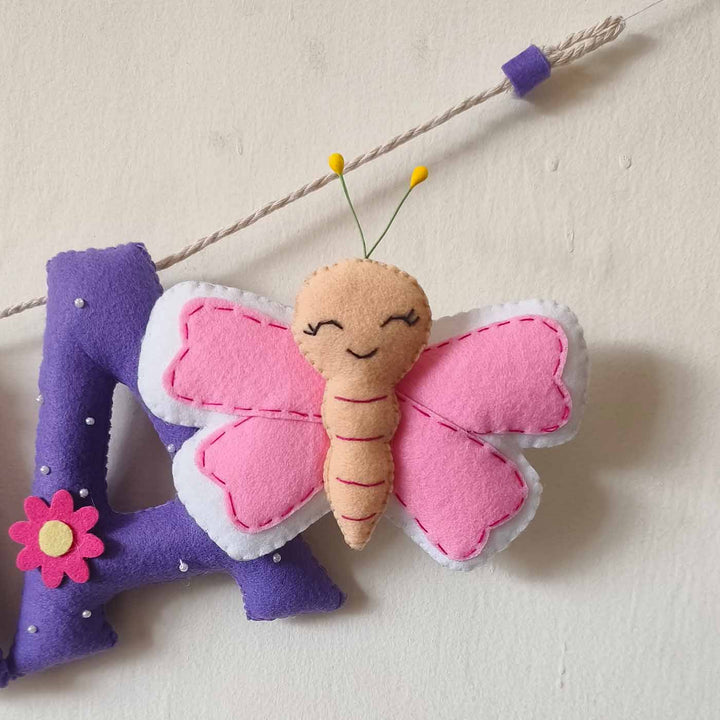 Hand-stitched Butterfly Themed Round Felt Kids Name Plate for Girls