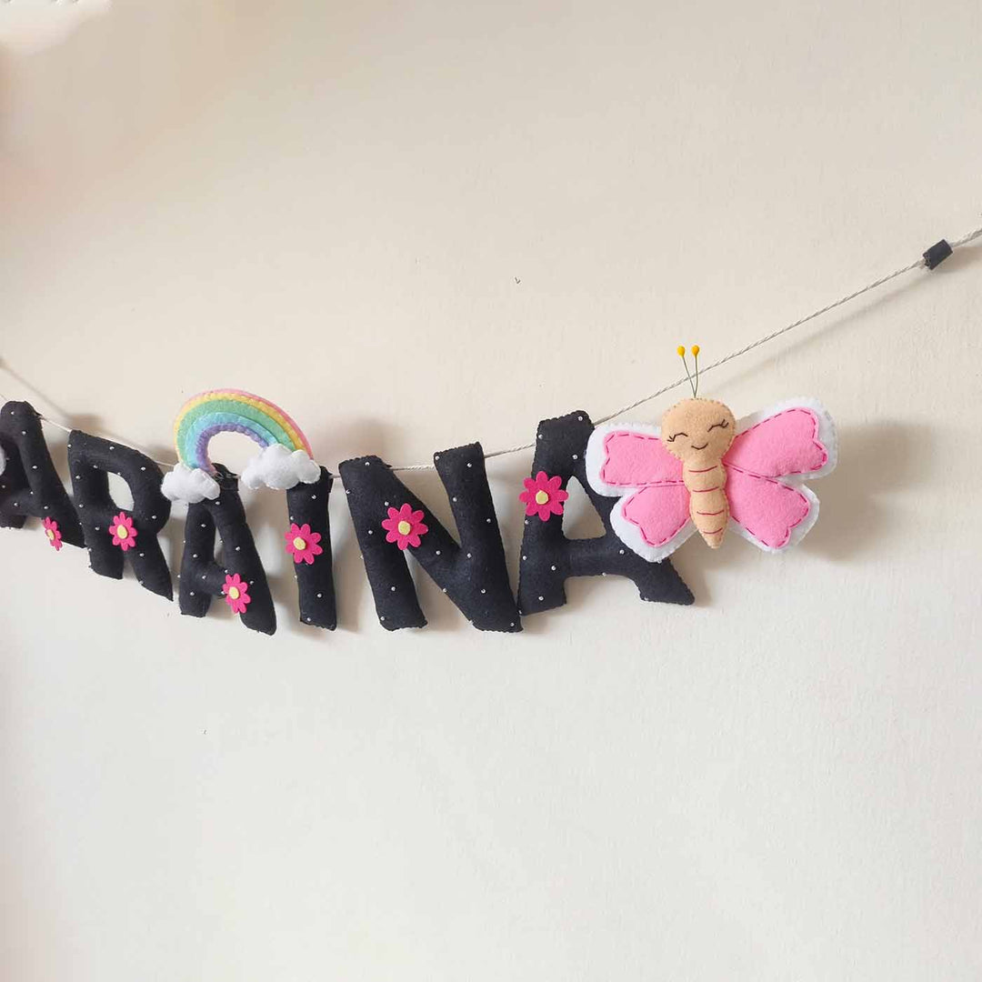 Hand-stitched Butterfly Themed Round Felt Kids Name Plate for Girls