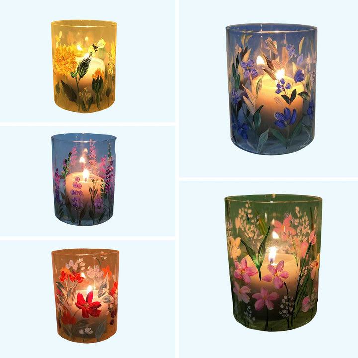 Hand Painted Floral Glass Candle Holder