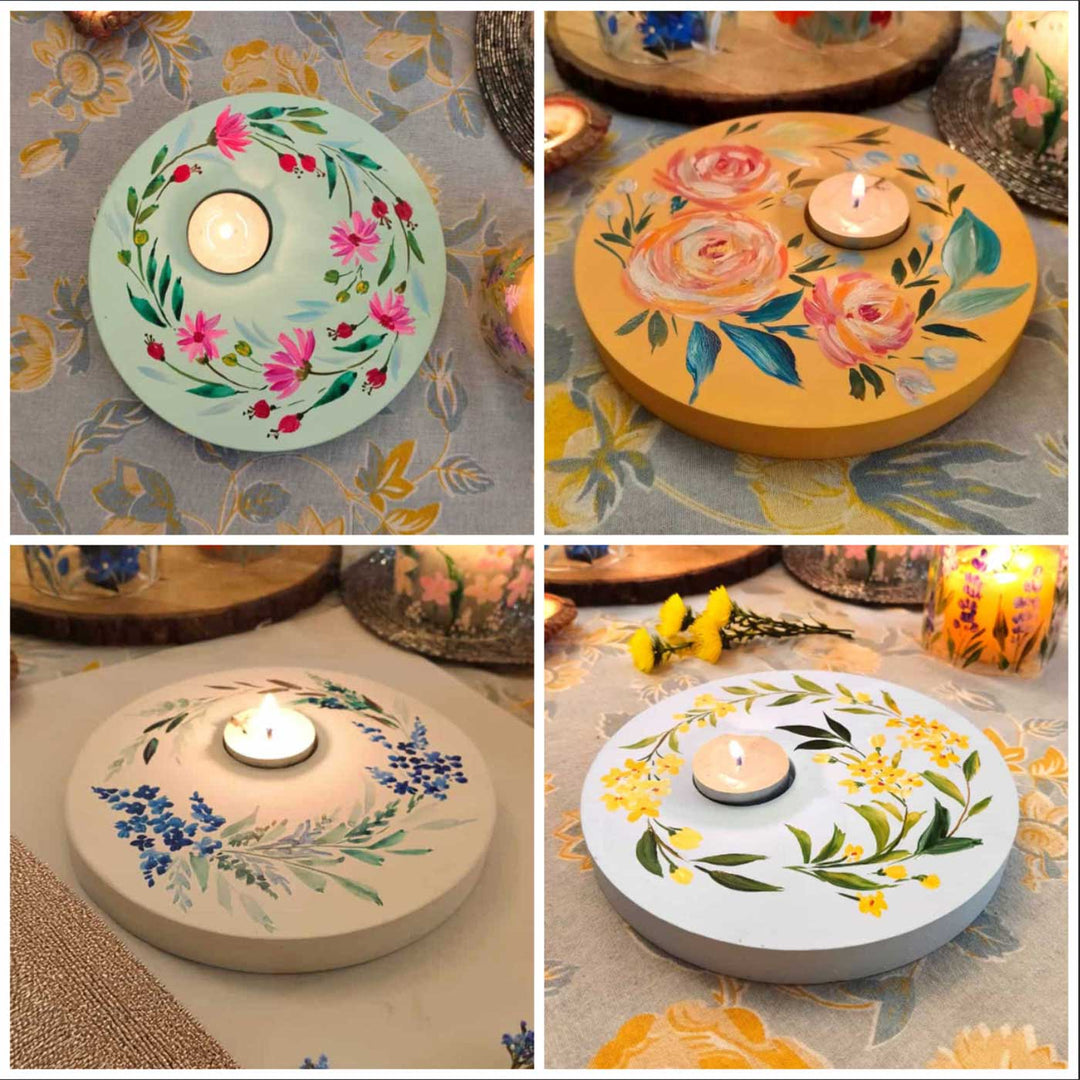 Hand Painted Floral MDF Wood Round Tealight Holder