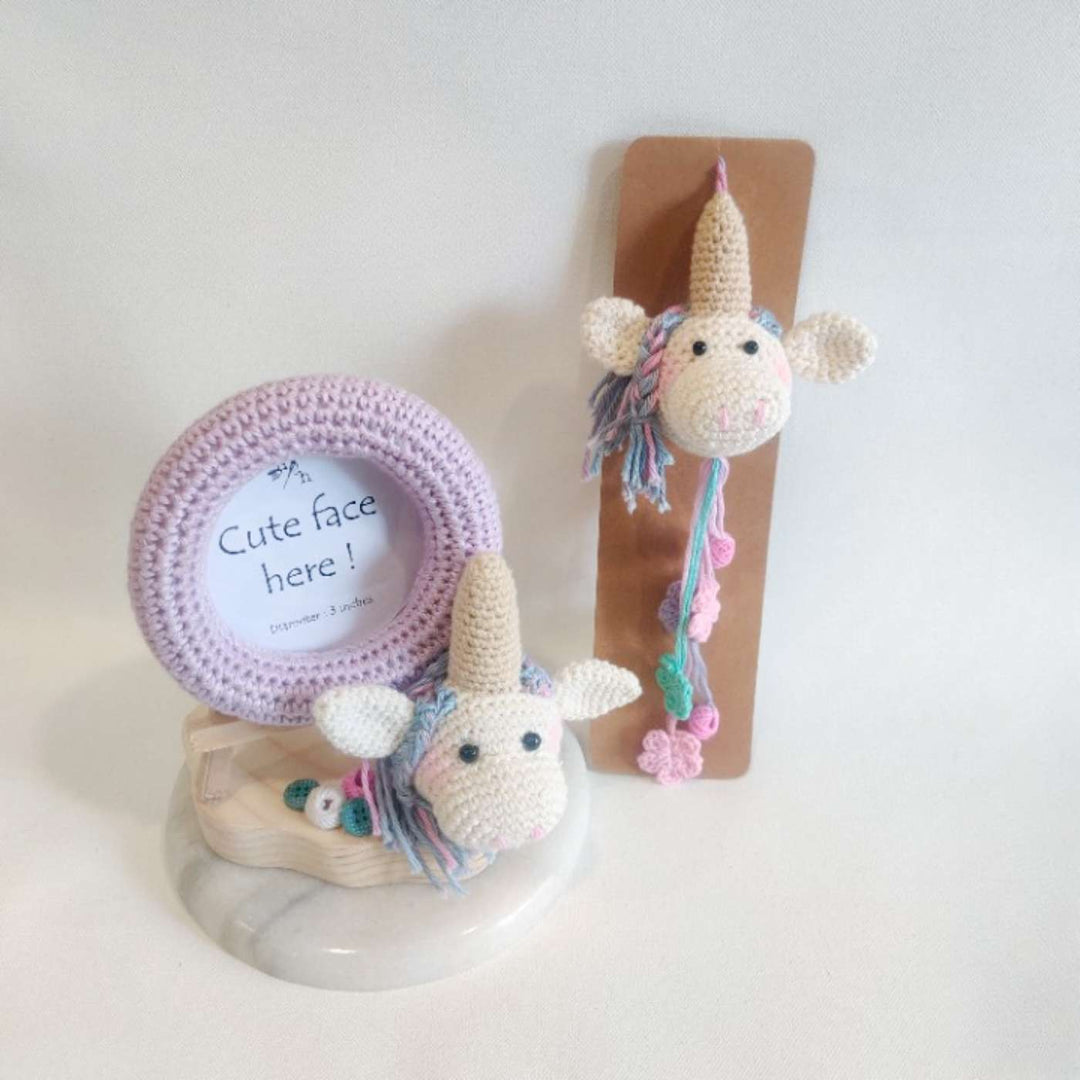 Handmade Crochet Unicorn Love Photo Frame & Lumba Rakhi With Roli Chawal