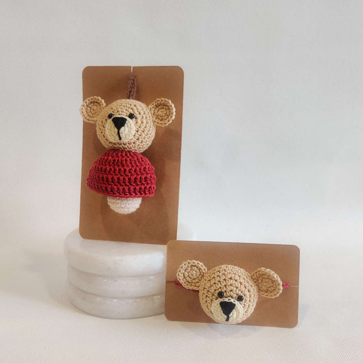 Handmade Crochet Teddy Hug Kids Lumba Rakhi With Roli Chawal