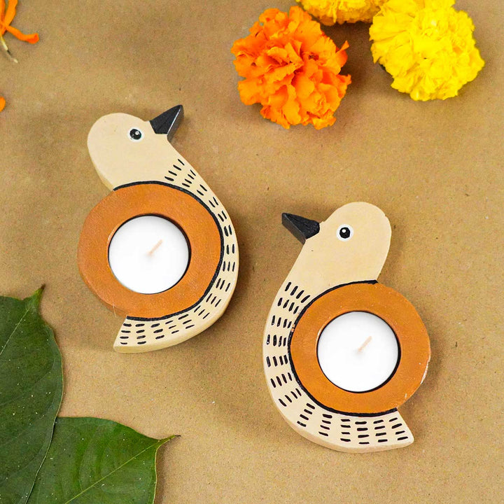 Handmade Bird Shaped Wooden Tealight Holder | Set of 2