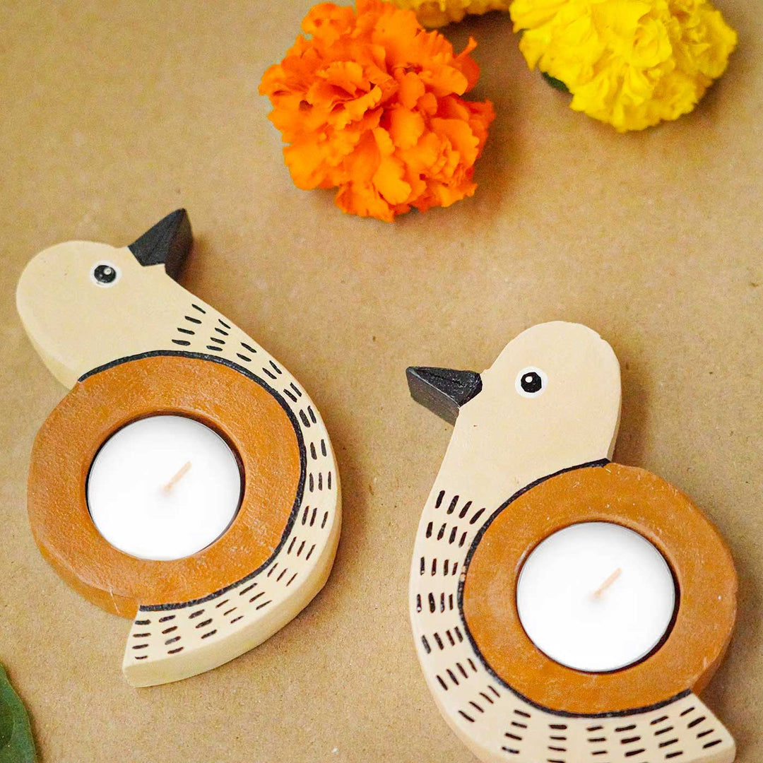 Handmade Bird Shaped Wooden Tealight Holder | Set of 2