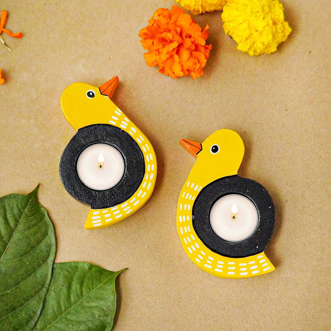 Handmade Bird Shaped Wooden Tealight Holder | Set of 2