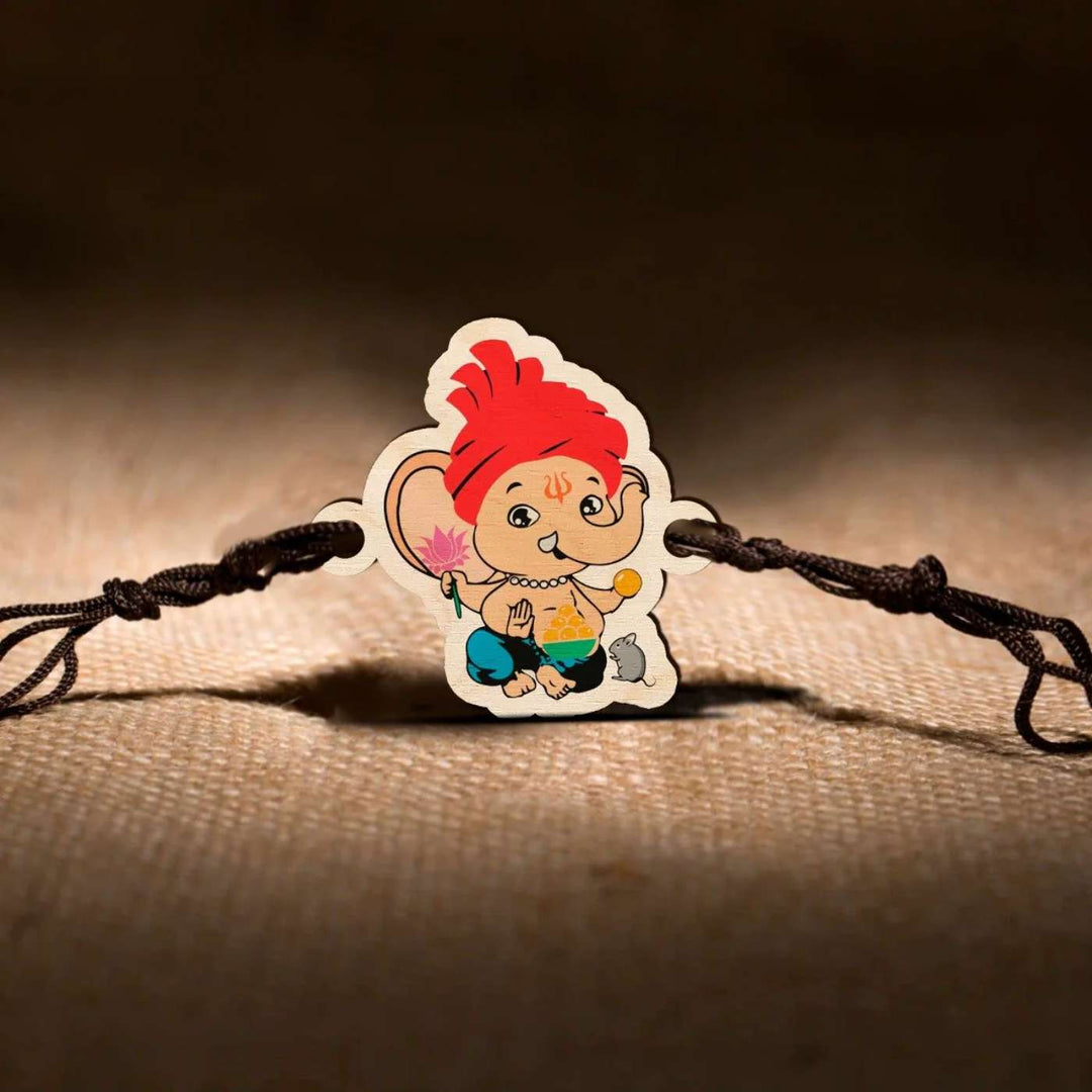 Handmade Ganapati Wooden Kids Rakhi With Roli Chawal