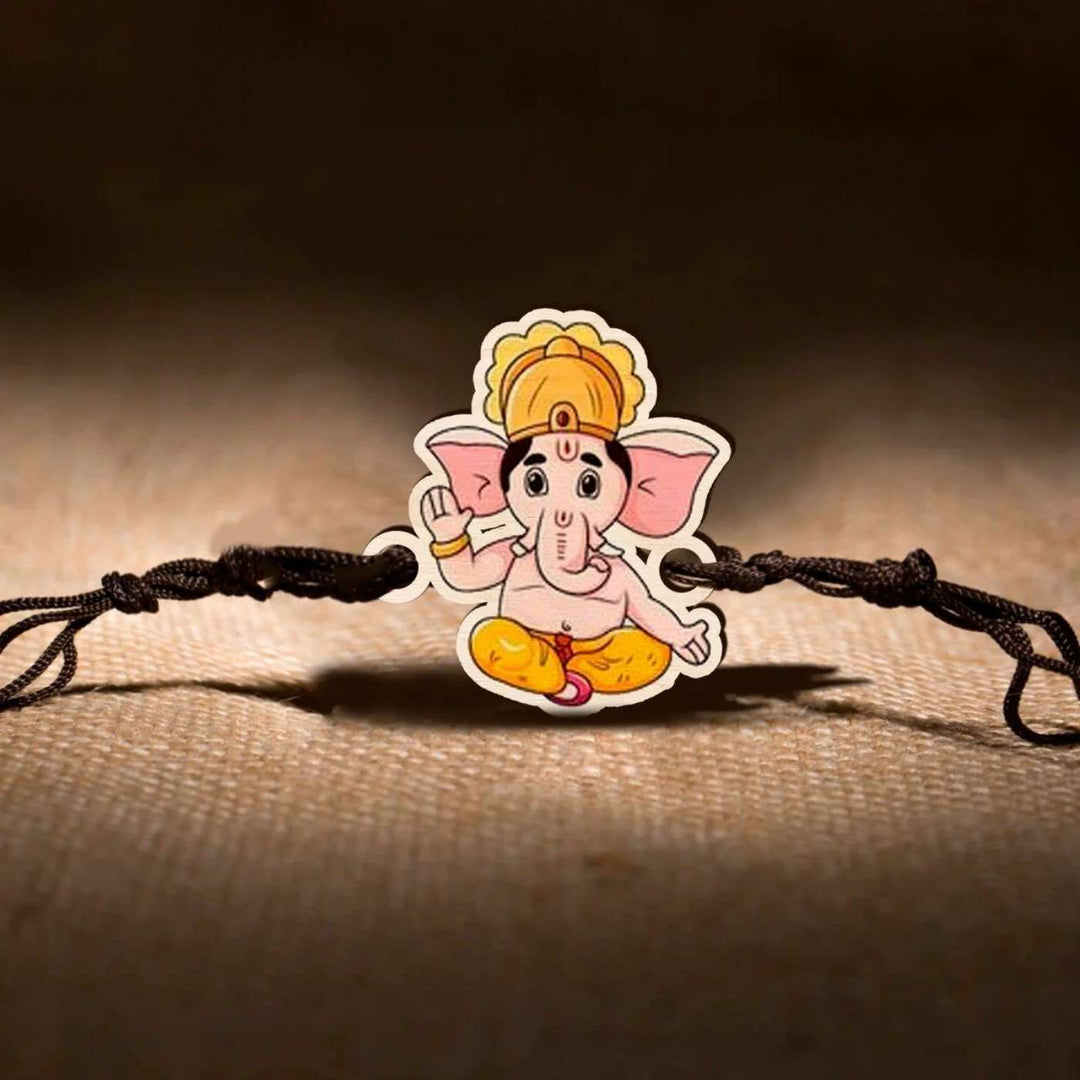 Handmade Ganesha Wooden Rakhi With Roli Chawal