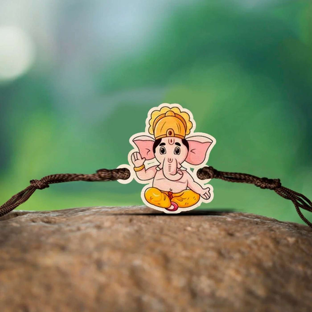 Handmade Ganesha Wooden Rakhi With Roli Chawal