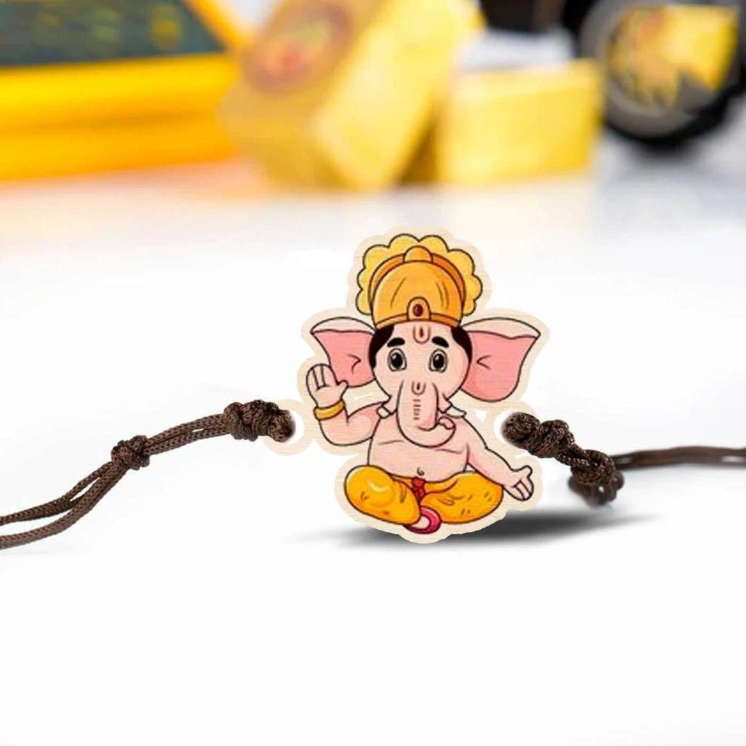 Handmade Ganesha Wooden Rakhi With Roli Chawal