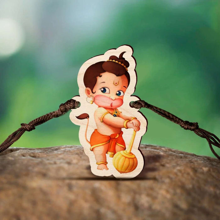 Handmade Little Hanuman Wooden Kids Rakhi With Roli Chawal