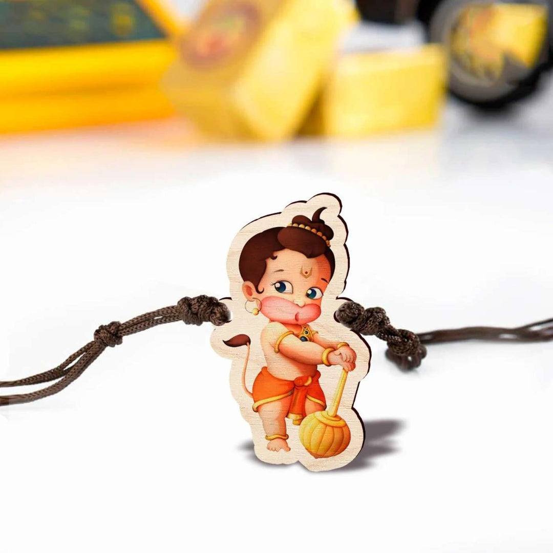 Handmade Little Hanuman Wooden Kids Rakhi With Roli Chawal