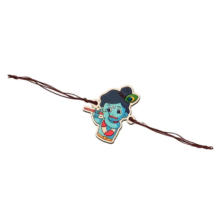 Handmade Little Krishna Wooden Kids Rakhi With Roli Chawal