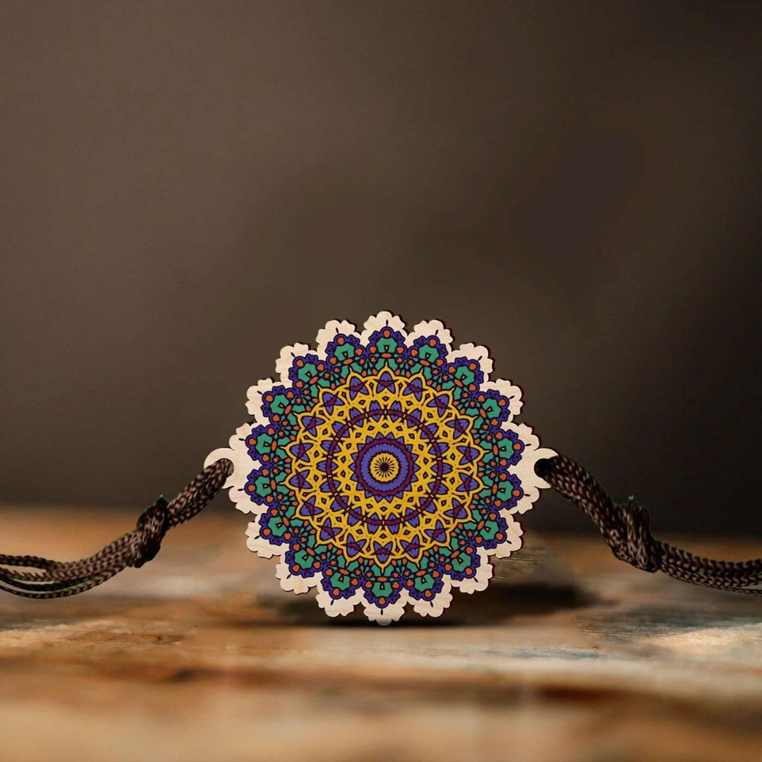 Handmade Mandala Wooden Rakhi With Roli Chawal