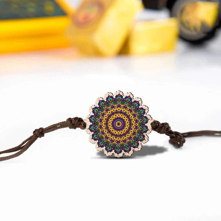 Handmade Mandala Wooden Rakhi With Roli Chawal