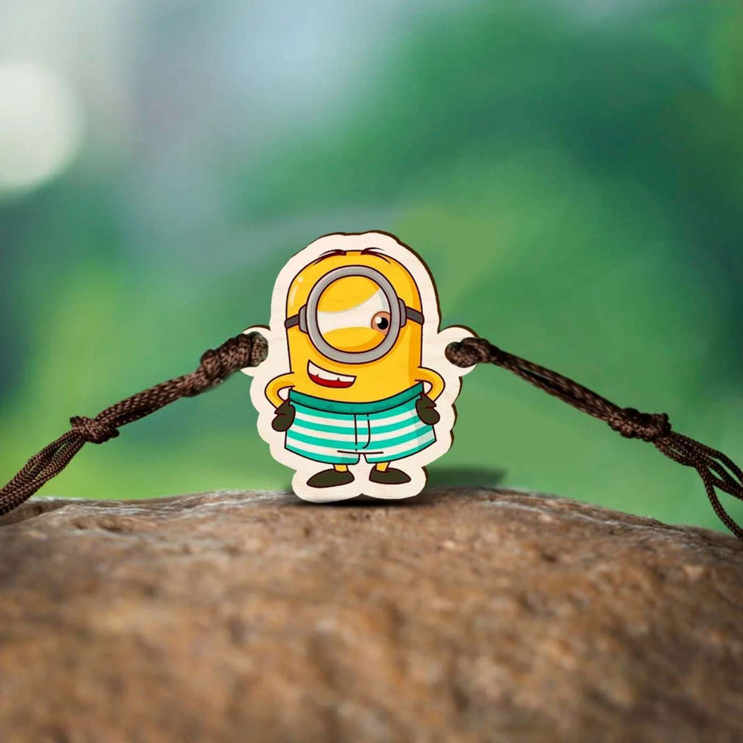 Handmade Minion Wooden Kids Rakhi With Roli Chawal