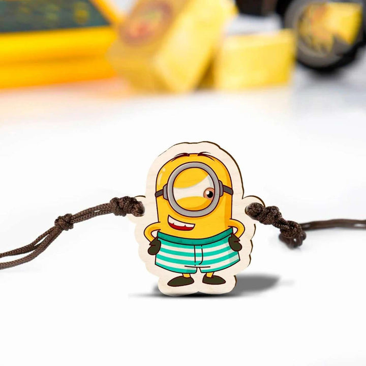 Handmade Minion Wooden Kids Rakhi With Roli Chawal