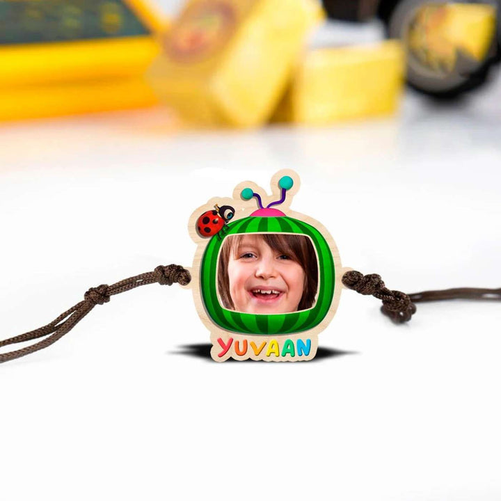 Photo Personalized Handmade Cocomelon Wooden Kids Rakhi With Roli Chawal