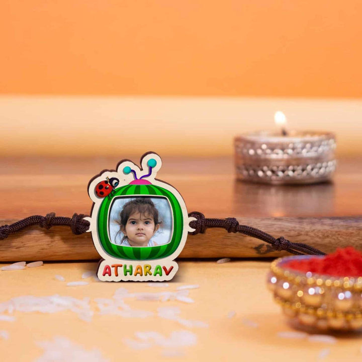 Photo Personalized Handmade Cocomelon Wooden Kids Rakhi With Roli Chawal