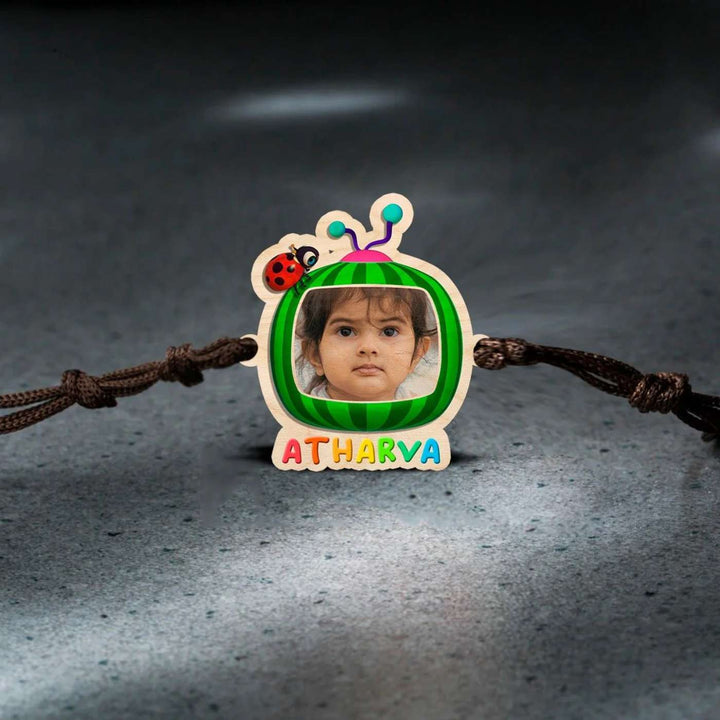 Photo Personalized Handmade Cocomelon Wooden Kids Rakhi With Roli Chawal