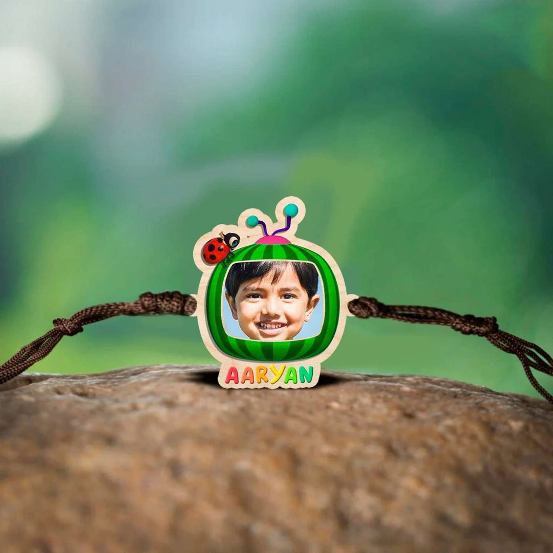 Photo Personalized Handmade Cocomelon Wooden Kids Rakhi With Roli Chawal