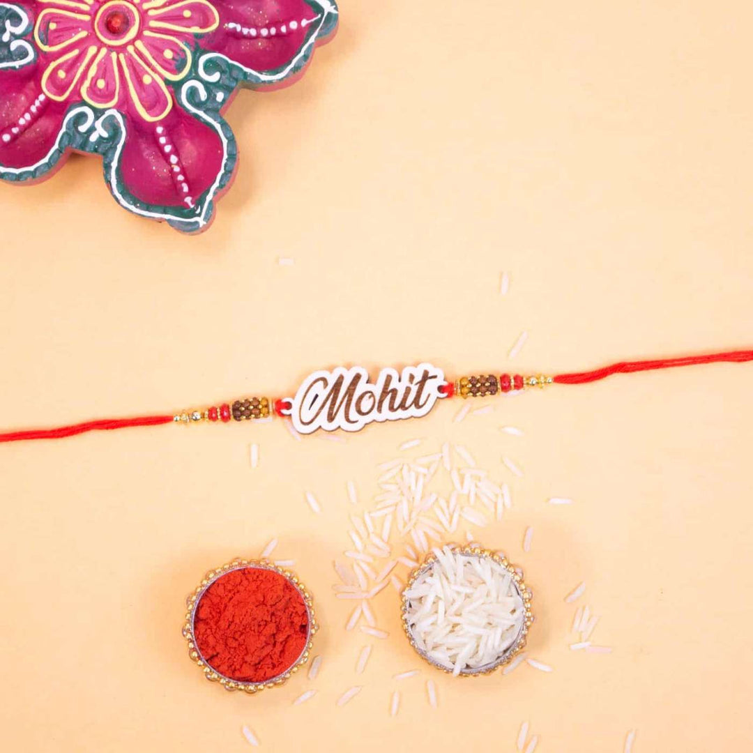 Personalized Handmade Engraved Name Wooden Rakhi With Roli Chawal