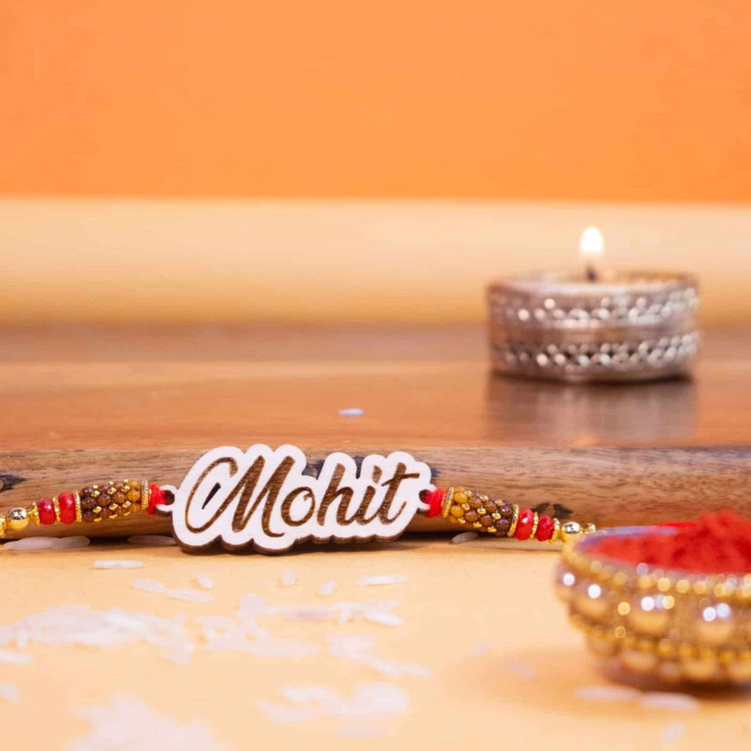 Personalized Handmade Engraved Name Wooden Rakhi With Roli Chawal