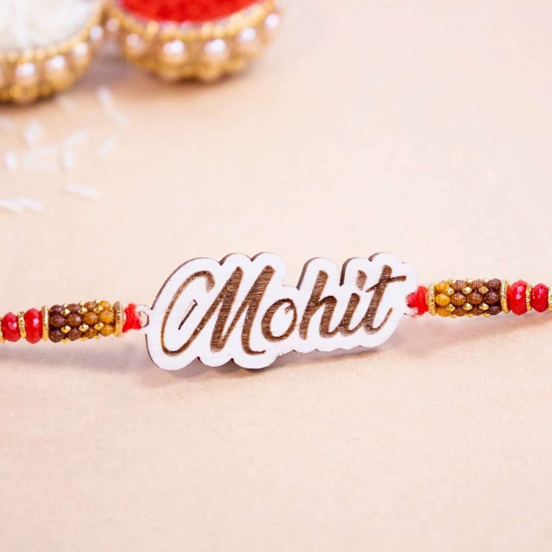 Personalized Handmade Engraved Name Wooden Rakhi With Roli Chawal