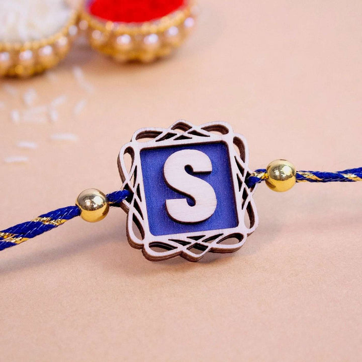 Personalized Handmade Name Initials Wooden Rakhi With Roli Chawal