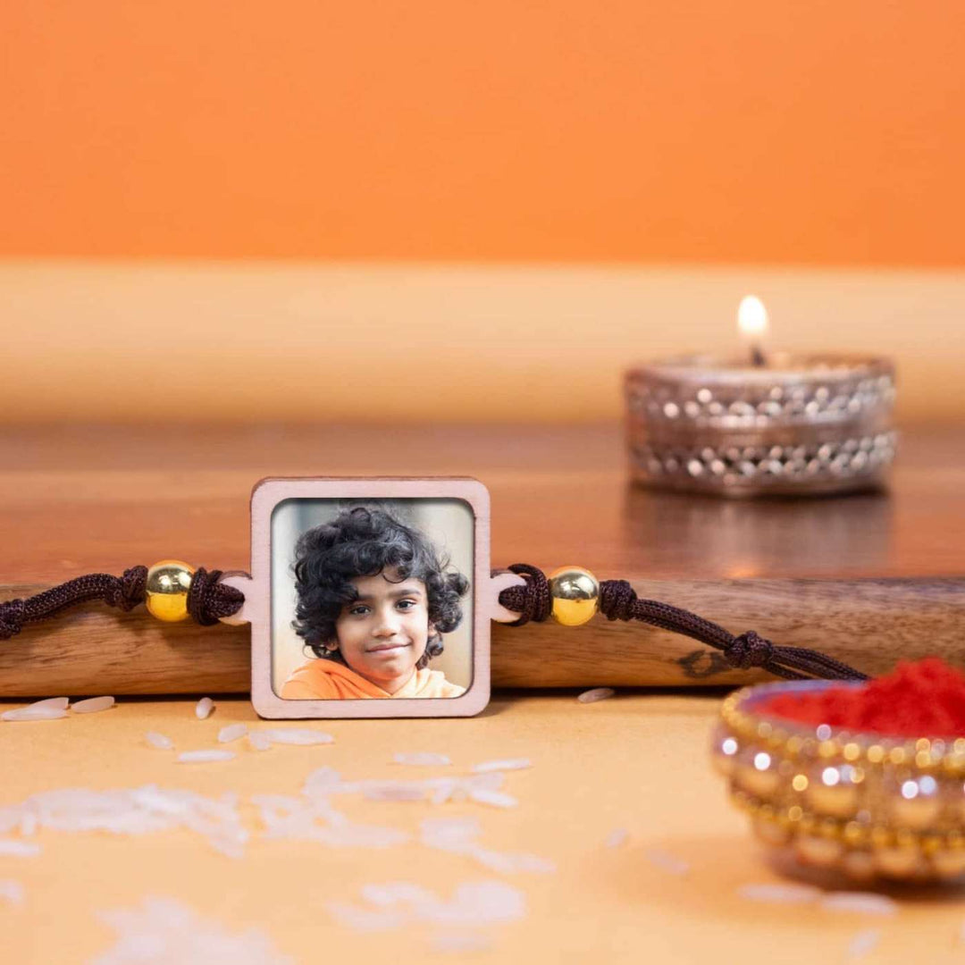 Photo Personalized Handmade Magnetic Wooden Rakhi With Roli Chawal