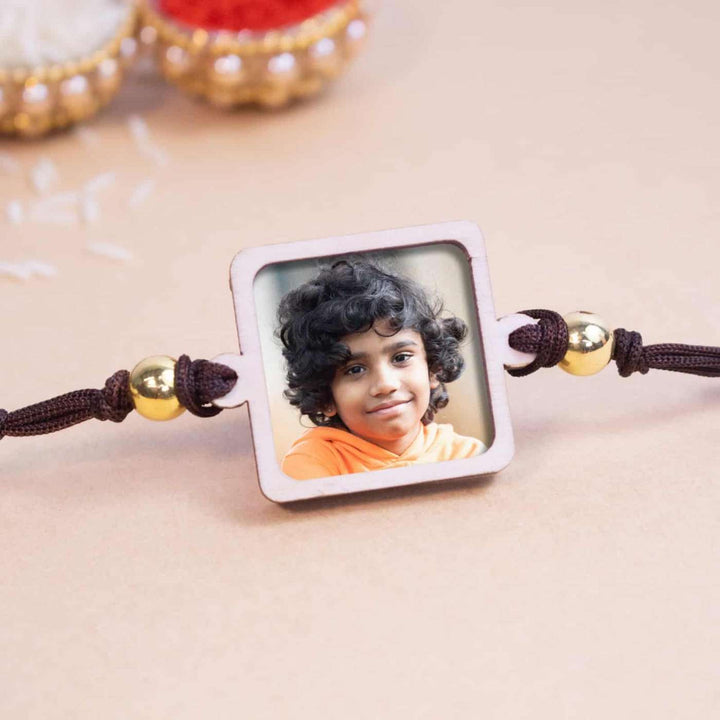 Photo Personalized Handmade Magnetic Wooden Rakhi With Roli Chawal