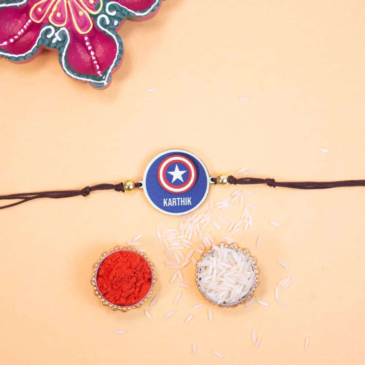 Personalized Handmade Captian America Wooden Kids Rakhi With Roli Chawal