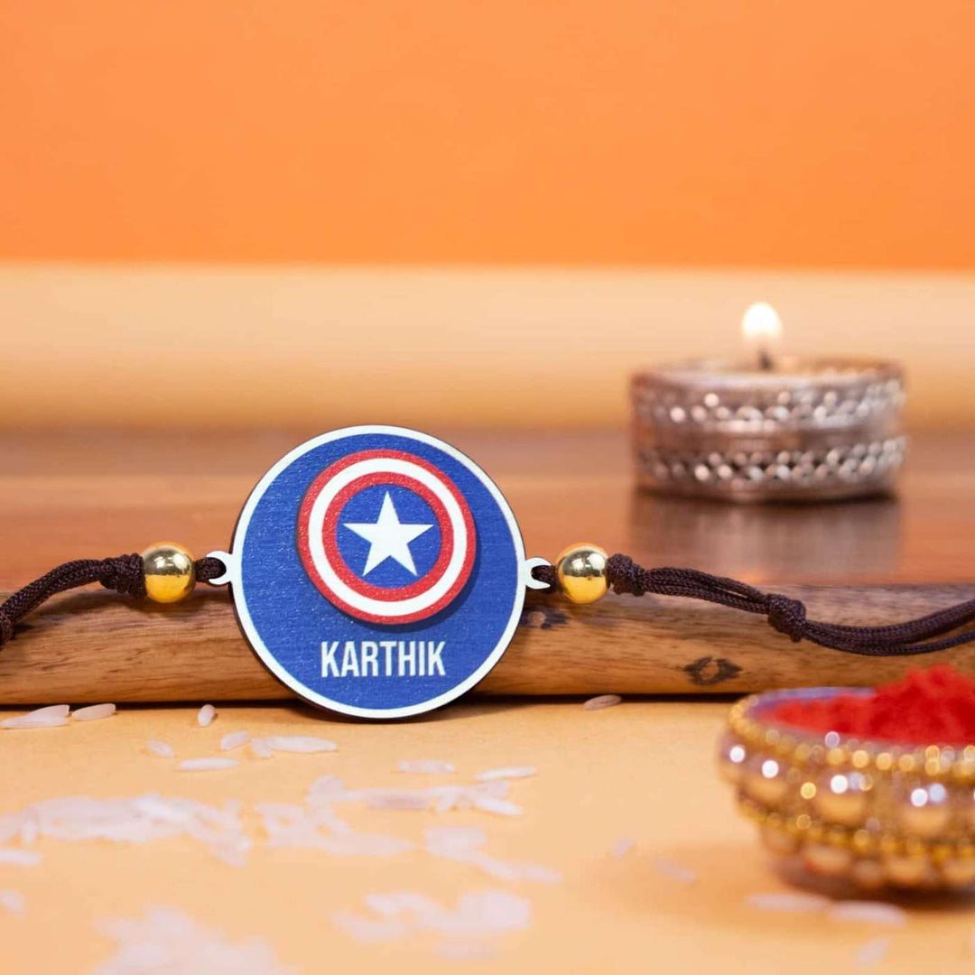 Personalized Handmade Captian America Wooden Kids Rakhi With Roli Chawal