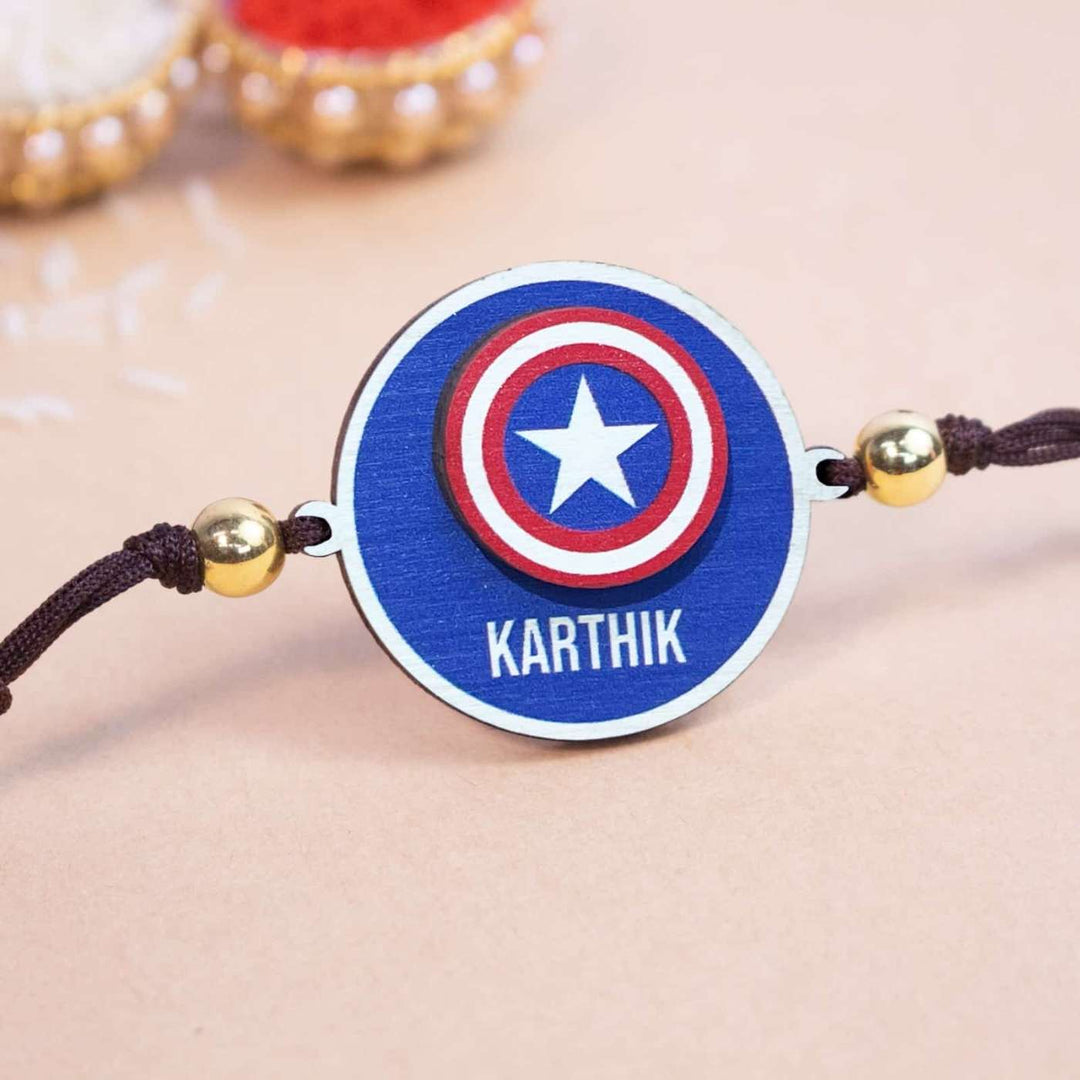 Personalized Handmade Captian America Wooden Kids Rakhi With Roli Chawal