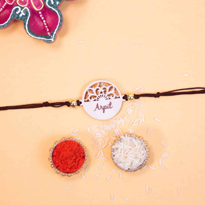 Personalized Handmade Elegant Wooden Rakhi With Roli Chawal