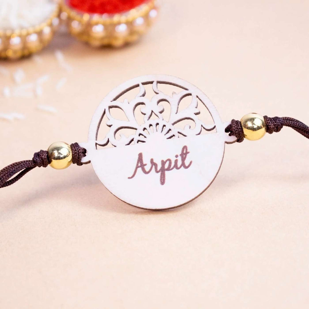 Personalized Handmade Elegant Wooden Rakhi With Roli Chawal