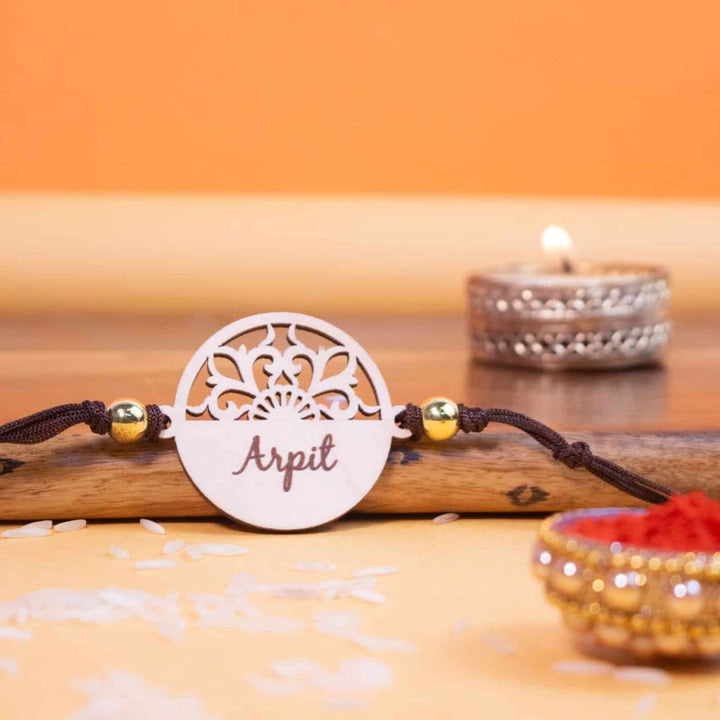 Personalized Handmade Elegant Wooden Rakhi With Roli Chawal