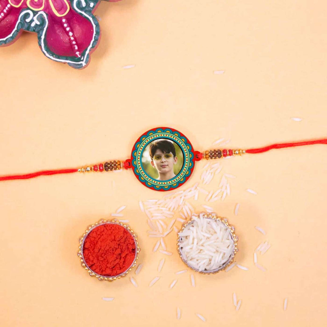 Photo Personalized Handmade Elegant Wooden Rakhi With Roli Chawal