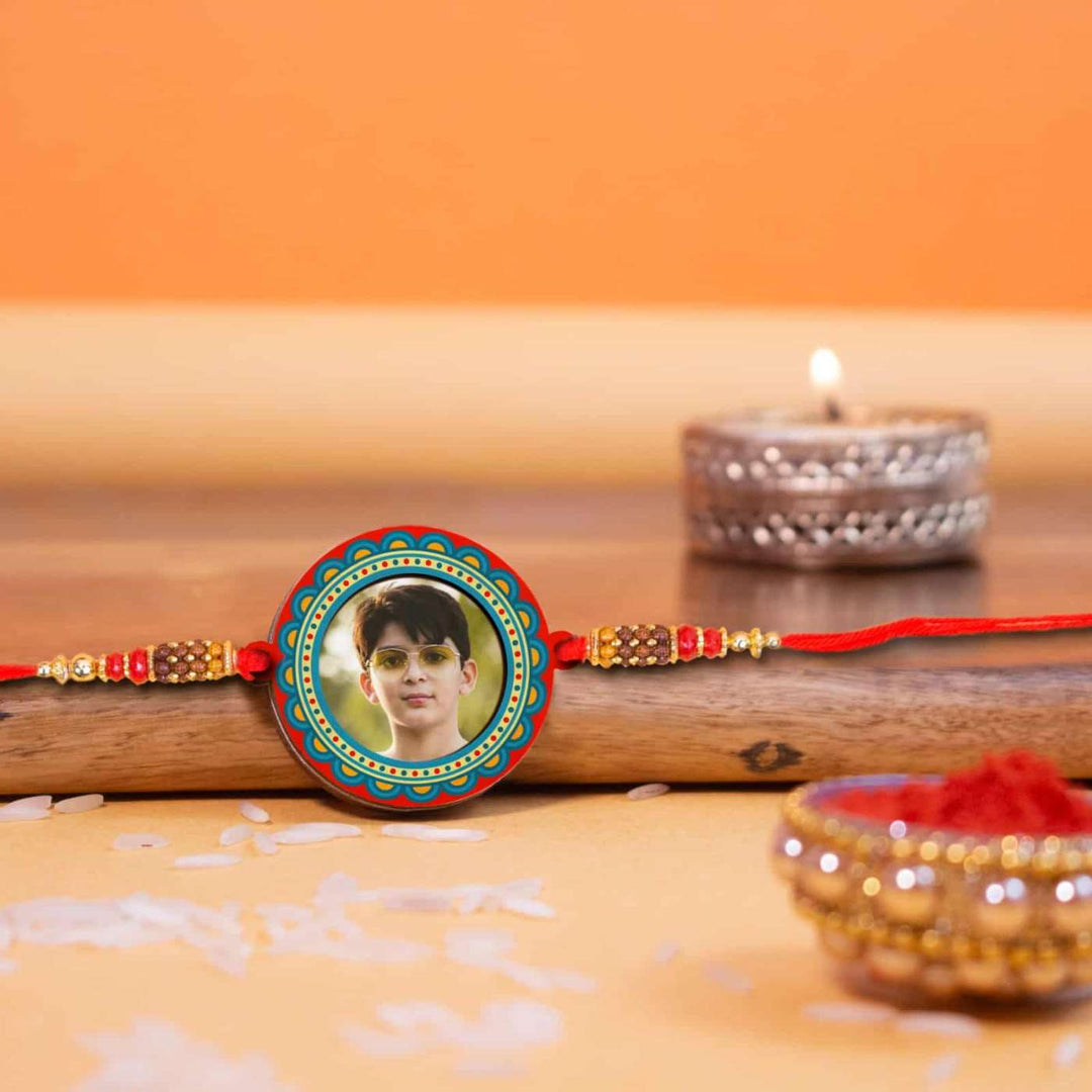 Photo Personalized Handmade Elegant Wooden Rakhi With Roli Chawal