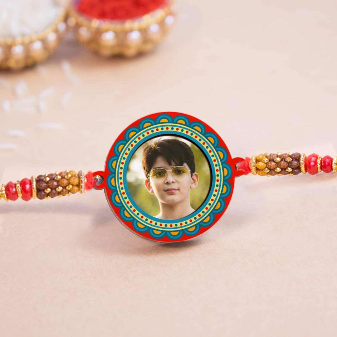 Photo Personalized Handmade Elegant Wooden Rakhi With Roli Chawal