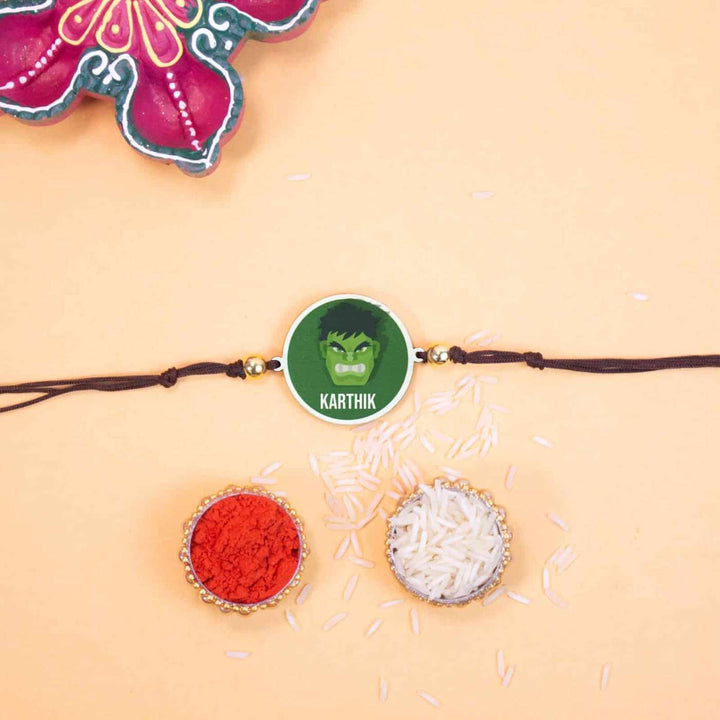 Personalized Handmade Hulk Wooden Kids Rakhi With Roli Chawal