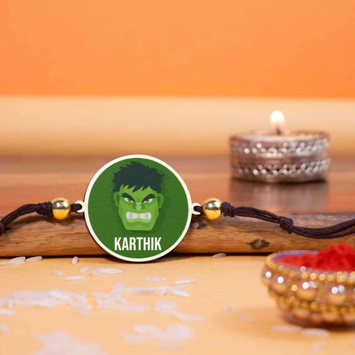 Personalized Handmade Hulk Wooden Kids Rakhi With Roli Chawal