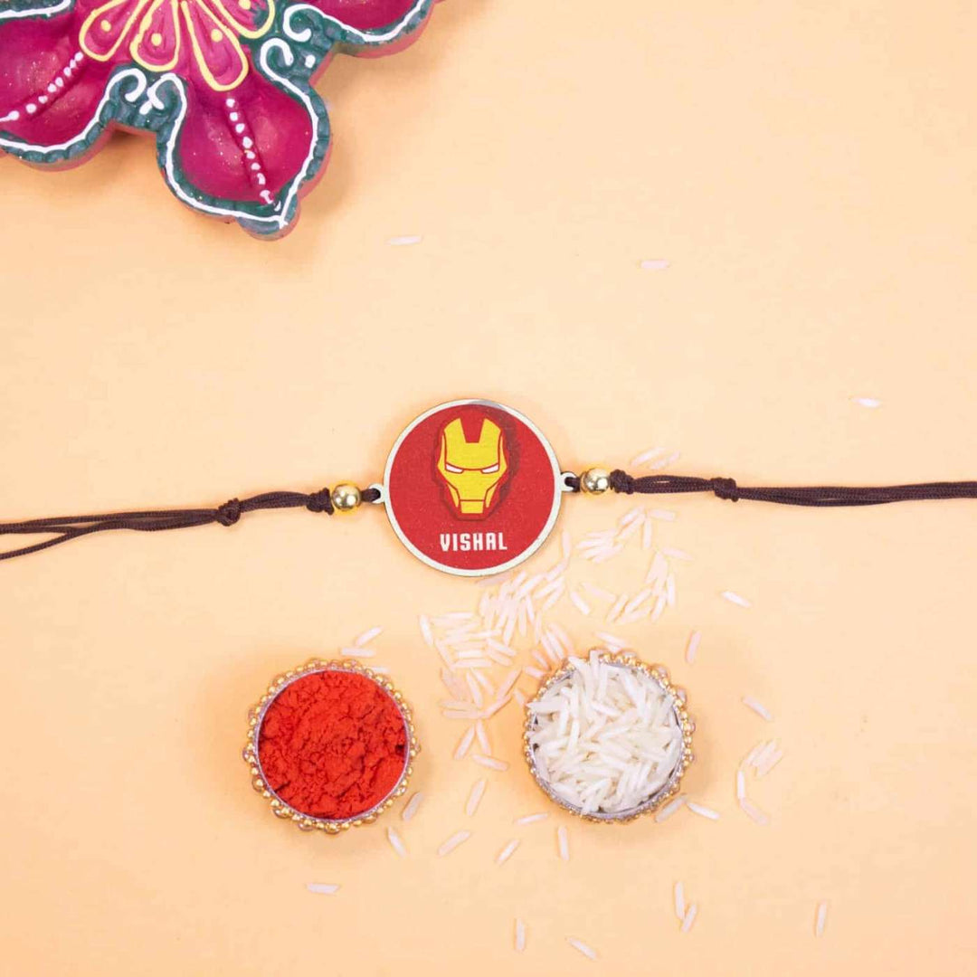 Personalized Handmade Iron Man Wooden Kids Rakhi With Roli Chawal