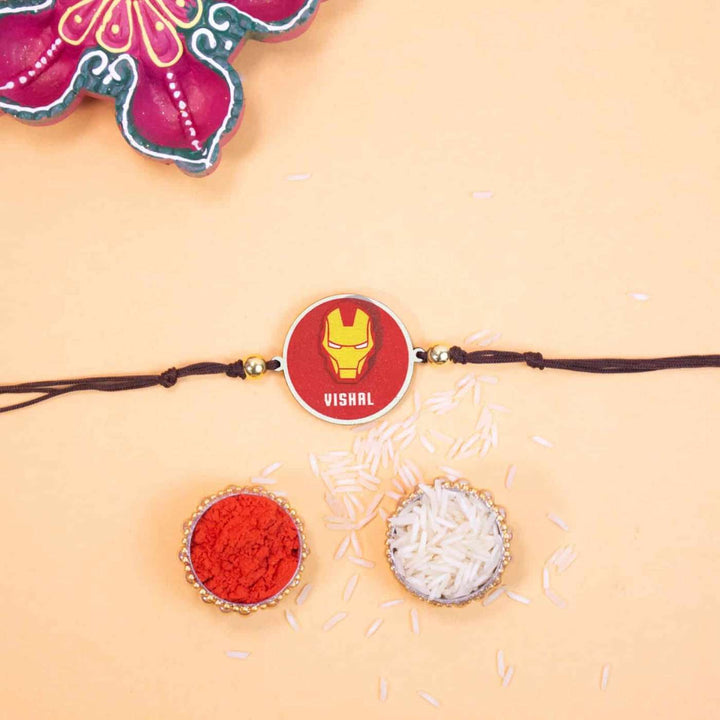 Personalized Handmade Iron Man Wooden Kids Rakhi With Roli Chawal