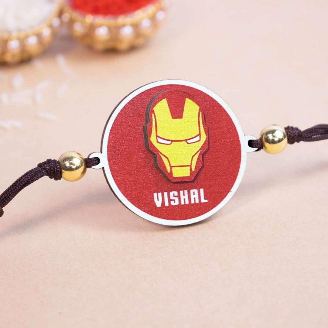 Personalized Handmade Iron Man Wooden Kids Rakhi With Roli Chawal