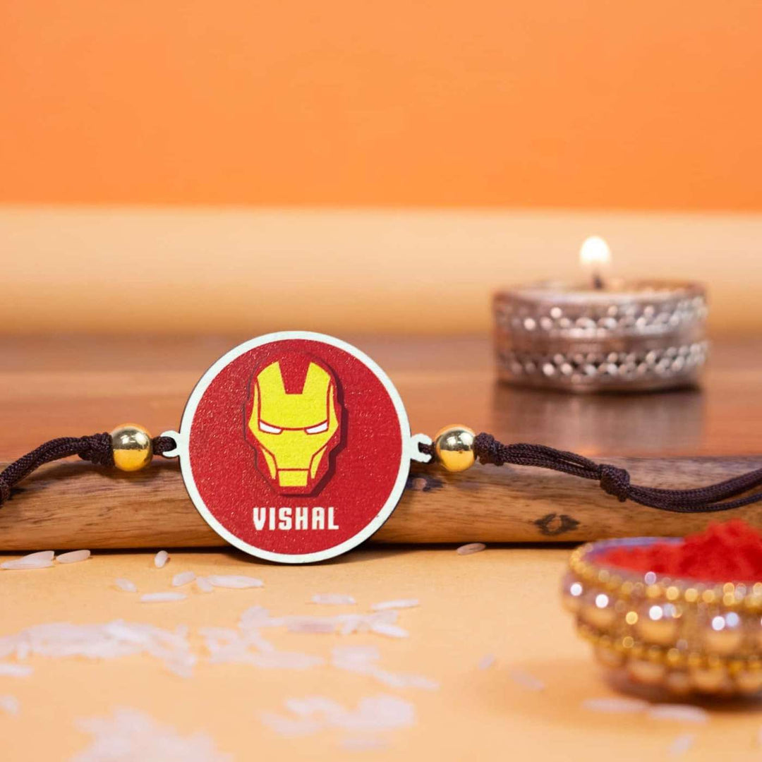 Personalized Handmade Iron Man Wooden Kids Rakhi With Roli Chawal