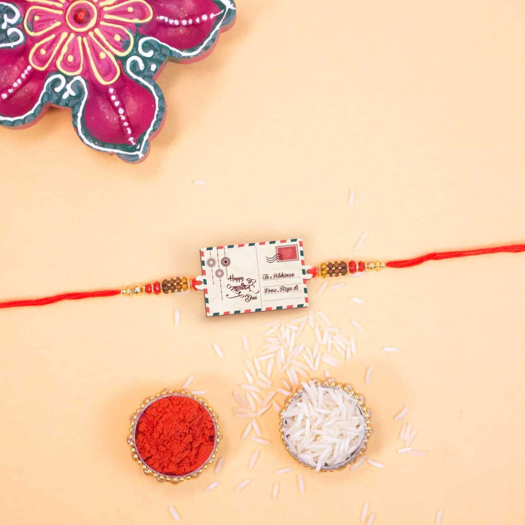 Personalized Handmade Postcard Theme Wooden Rakhi With Roli Chawal